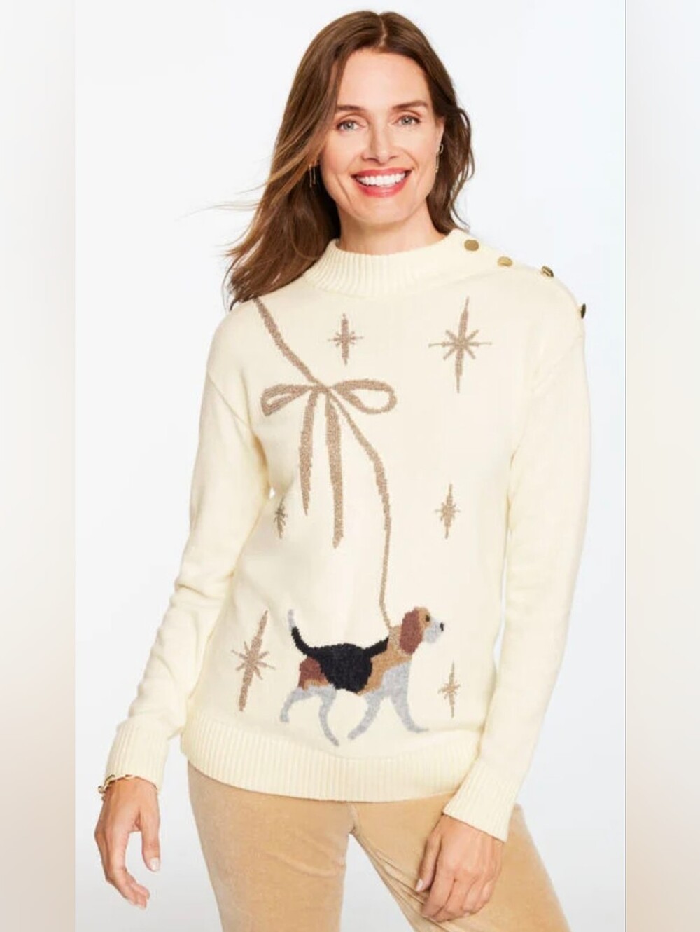 Talbots Cream Mock Neck Delightful Dog Festive Holiday Wool Blend Sweater XL
